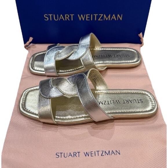 NEW Stuart Weitzman 7.5 Ibiza Woven-Strap Flat Slide Sandal Metallic Silver Gold - Picture 6 of 12
